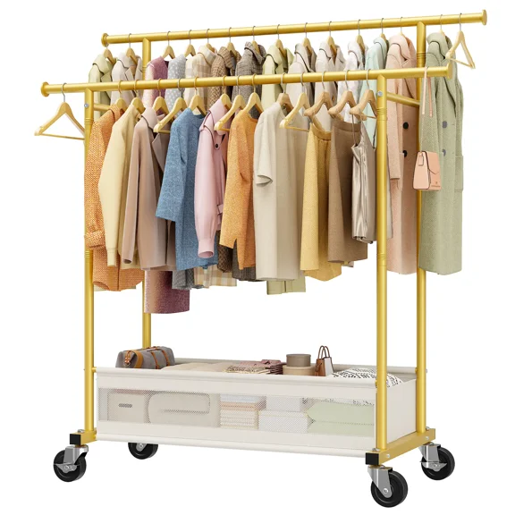 Raybee Heavy Duty Clothing Racks with Net Pocket Holds Up to 210lbs,Double Rod Metal Clothes Rack for Hanging, Rolling Garment Rack with Wheels Portable Closet Racks for Bedroom, Laundry Room,Dorm