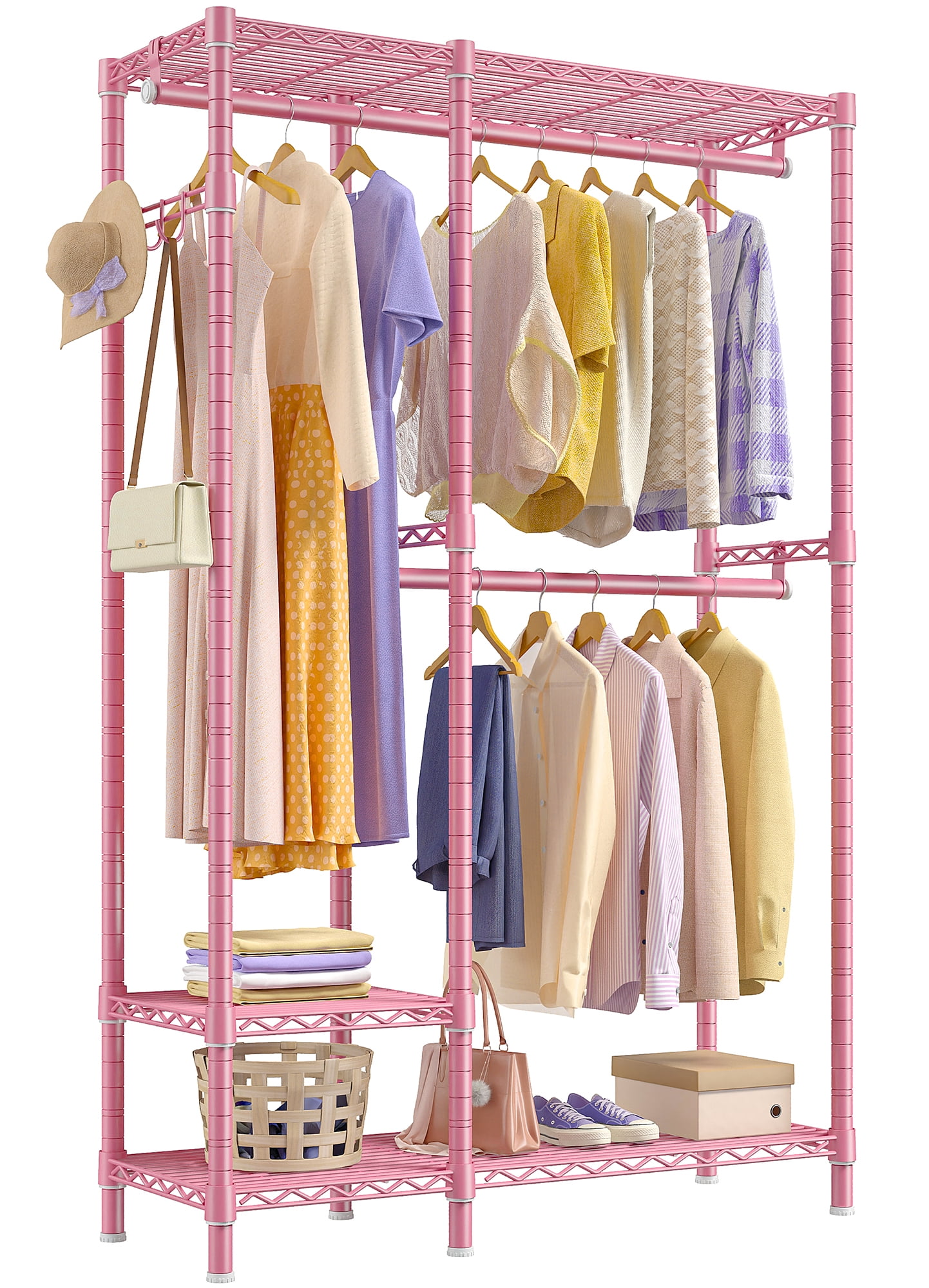 Raybee Wire Grament Rack Clothes Rack with Shelves Loads 500lbs, Pink Clothing Rack for Hinging