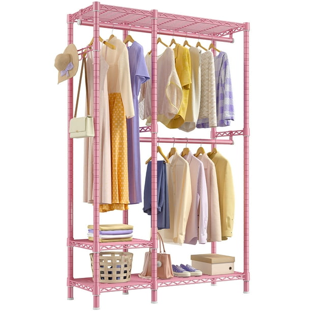 Raybee Wire Grament Rack Clothes Rack with Shelves Loads 500lbs, Pink Clothing Rack for Hinging