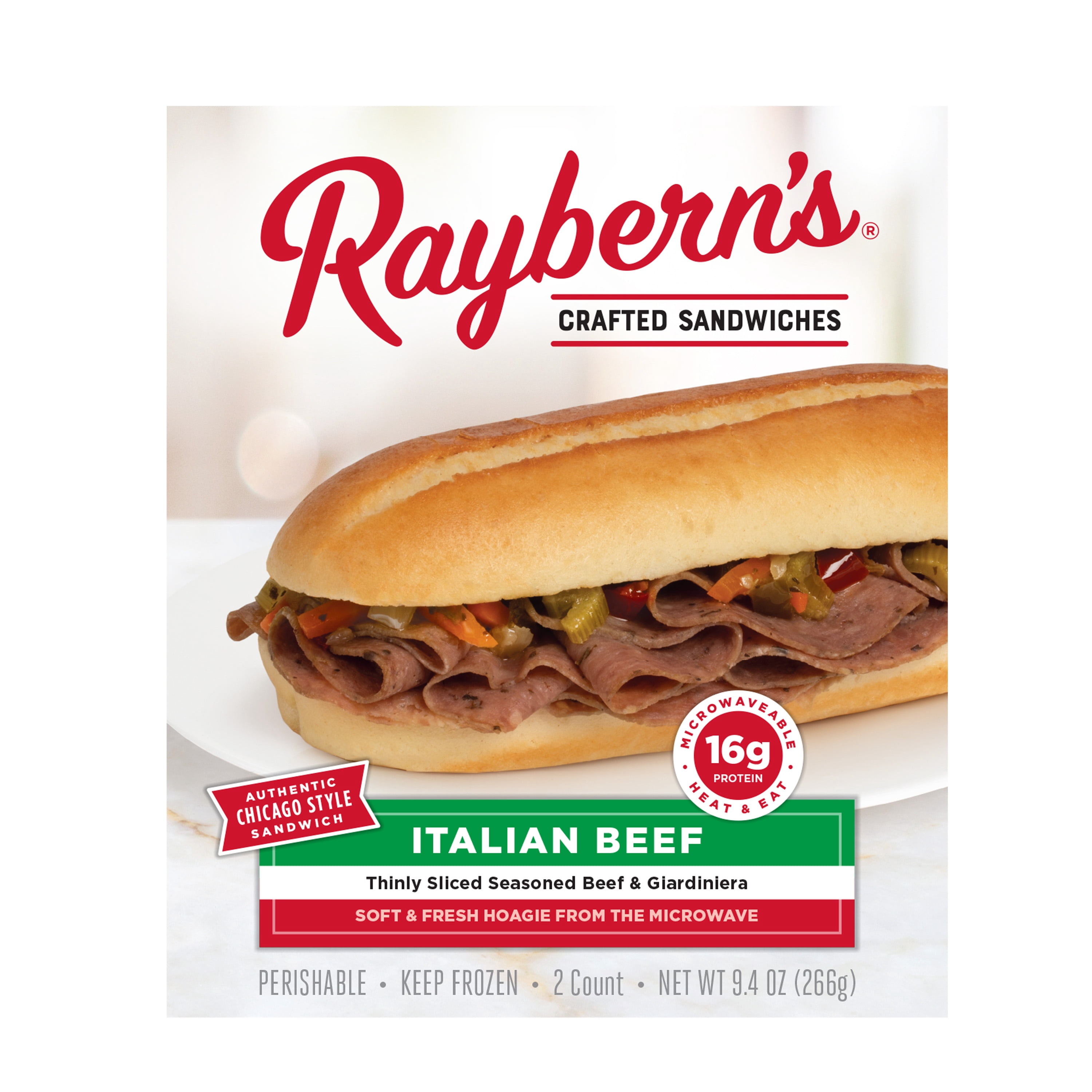 Raybern's Italian Beef Sandwich, 16g Protein,  9.4 oz, 2 Count Box (Frozen)