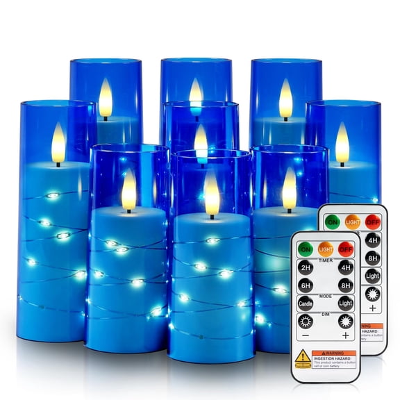 Raycare Flameless Candle with Remote Timer 9 Flickering Acrylic Battery Operated LED Pillar Candles with Embedded Star String for Christmas, Home Decor, and as a Gift (Blue)