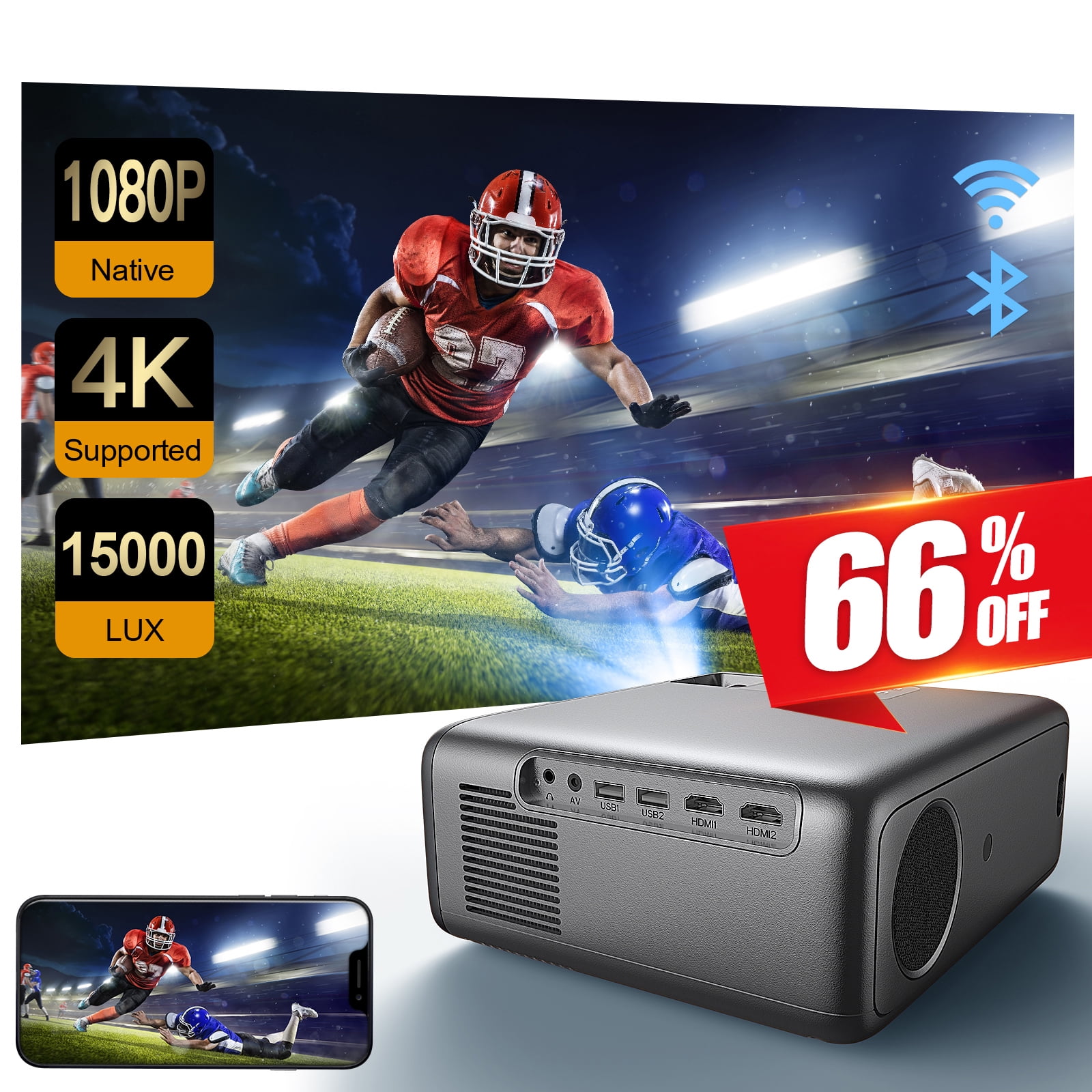 YOTON Video Projector With 5G Wifi and Bluetooth, Support 4K,15000 Lumens  Full HD Movie Projector,300 Display