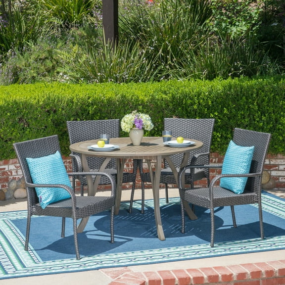 Rayden Outdoor 5 Piece Acacia Wood and Wicker Dining Set, Gray, Gray