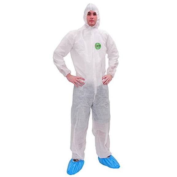 Raygard 30003 Disposable Dust Protective Polypropylene PP Coverall with Hood Suit Lightweight Elastic Cuffs, Ankles, Waist Zipper Front for Spray Painting Industrial(Large,White)