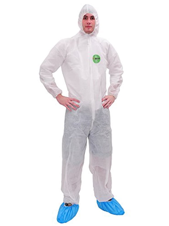 30003 Disposable Dust Protective Polypropylene PP Coverall with Hood Suit Lightweight Elastic Cuffs, Ankles, Waist Zipper Front for Spray Painting Industrial(Large,White)