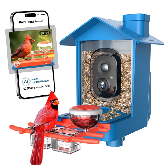 Rayki Smart Bird Feeder with 2K HD Camera - Solar Powered, 10,000+ Species AI Recognition, Auto Capture Videos & Motion Detection, Cardinal Feeder Outdoor Wireless, Gift for Bird Lovers - Blue