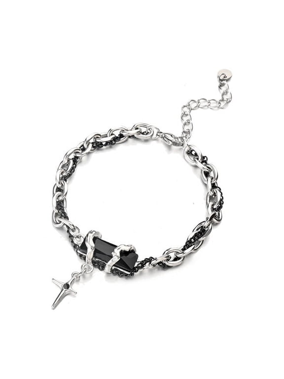Black Obsidian Bracelet Titanium Steel Rhinestone Fashion Punk Jewelry Genderless Bracelet 6.7 with 2 inches extender chain