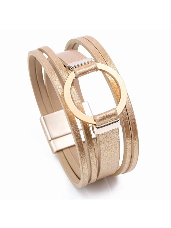 Circle Charm Leather Wrap Bracelet for Women Boho Layered Cuff Bracelets with Magnetic Clasp