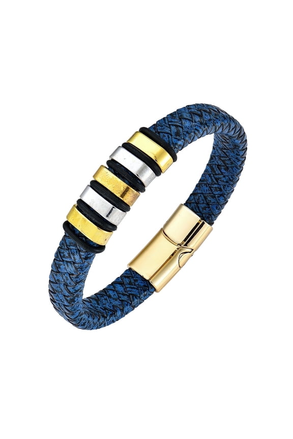 Classic Bracelet 8.3" Leather Bracelet for Men Navy Blue Braided Bracelet with Magnetic Clasp Wrist Cuff Bangle Ideal Gift