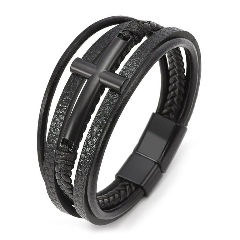 Raymard Leather Cross Bracelet for Men Black Multi-Strand Braided