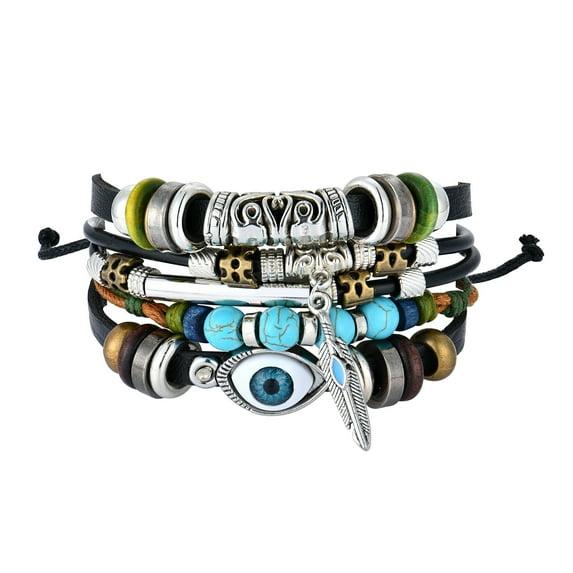 Raymard Mens Bohemian Leather Bracelet Adjustable, Evil Eyes Braided Bracelet for Men