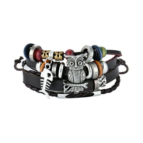Raymard Mens Bohemian Leather Bracelet Adjustable,Owl Braided Bracelet for Men