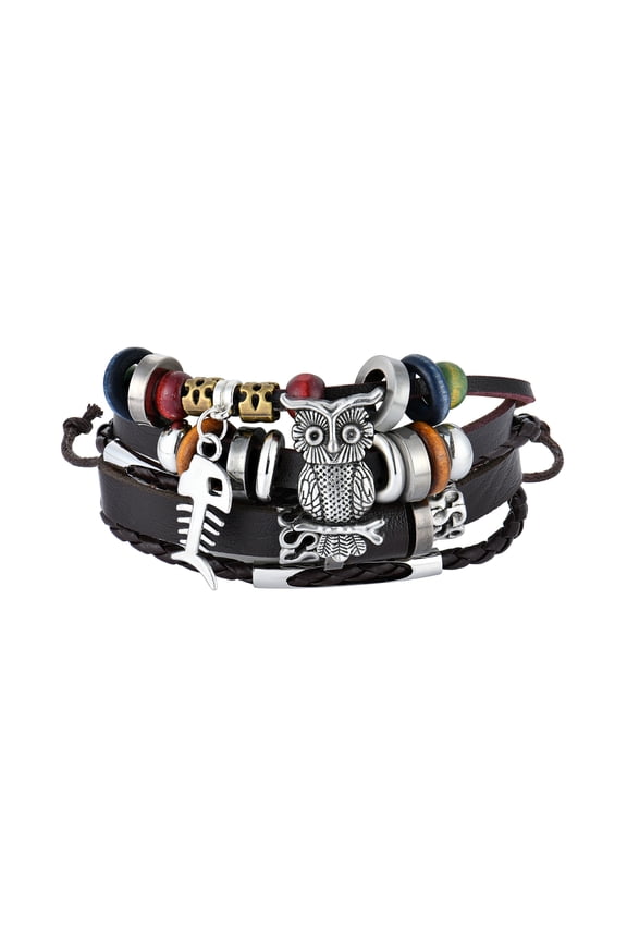 Mens Bohemian Leather Bracelet Adjustable,Owl Braided Bracelet for Men