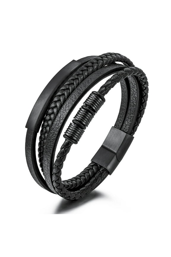 Mens Bracelet,Leather and Steel,Genuine Black Braided Leather Bracelet for Men,Multi-Layer Wrist Cuff Bangle,Ideal Gift for Boyfriend Husband Father