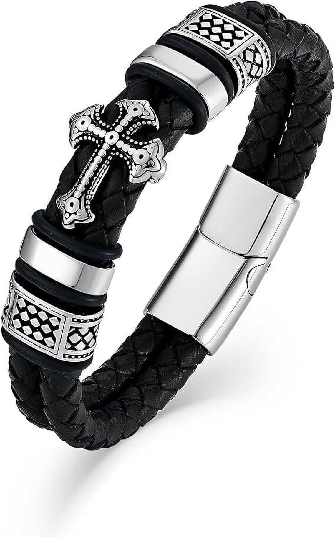 Raymard Mens Christian Cross Bracelet 7.2" Double Row Leather Black Braided Bracelet for Men
