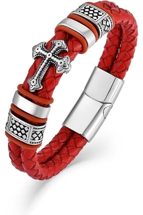 Mens Christian Cross Bracelet 8.5" Double Row Leather Red Braided Bracelet for Men