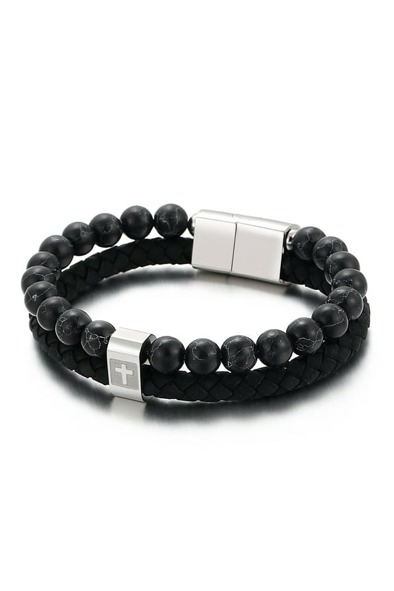 Mens Christian Cross Braided Leather Bracelet,Black Nature Stone Beaded Bracelet for Men