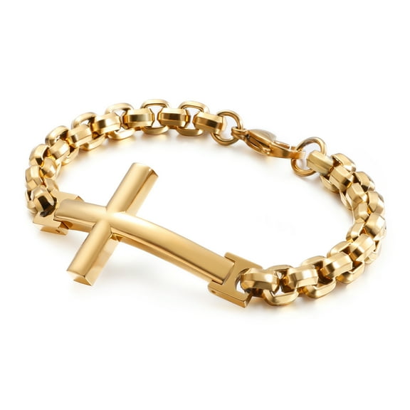 Raymard Mens Christian Gold Cross 316L Stainless Steel Chain Bracelet, 8.7" Link Bracelet for Men