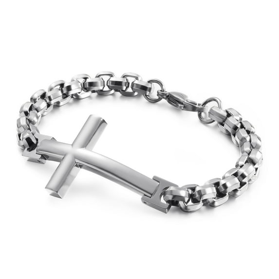 Raymard Mens Christian Silver Cross 316L Stainless Steel Chain Bracelet, 8.7" Link Bracelet for Men
