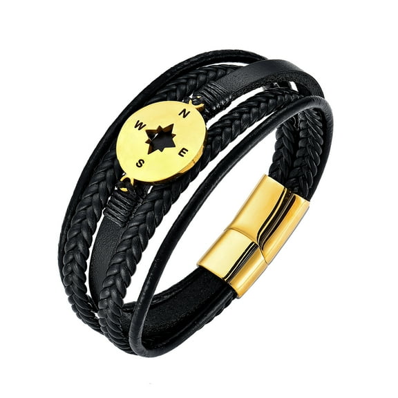 Raymard Mens Compass Bracelet, Leather and Steel, Black Braided Leather Bracelet for Men, Multi-Leather Bracelet, Ideal Gift for Boyfriend Husband Father
