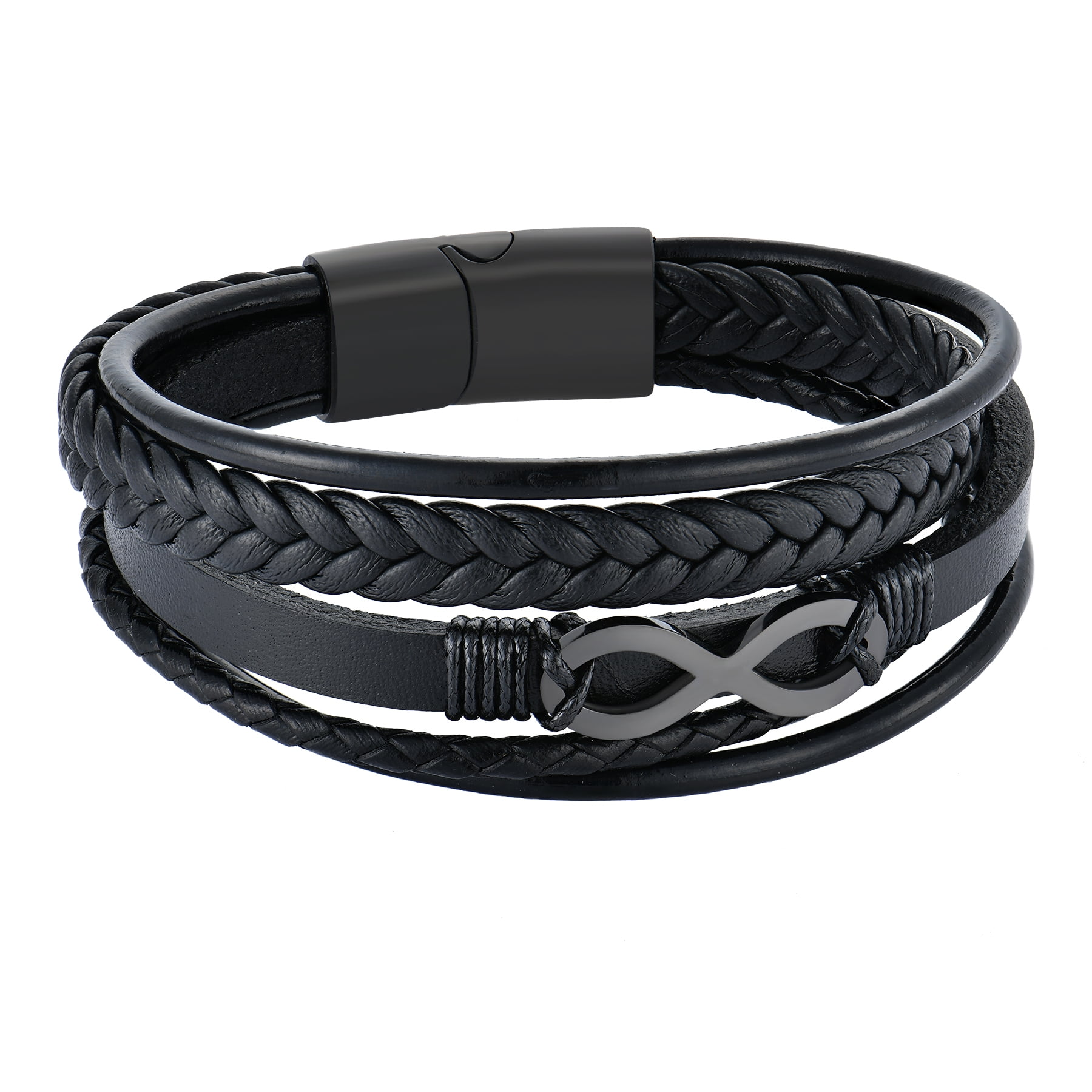 Raymard Mens Infinity 8 Multi-Layer Leather Bracelet,8.5" Black Braided Bracelet for Men