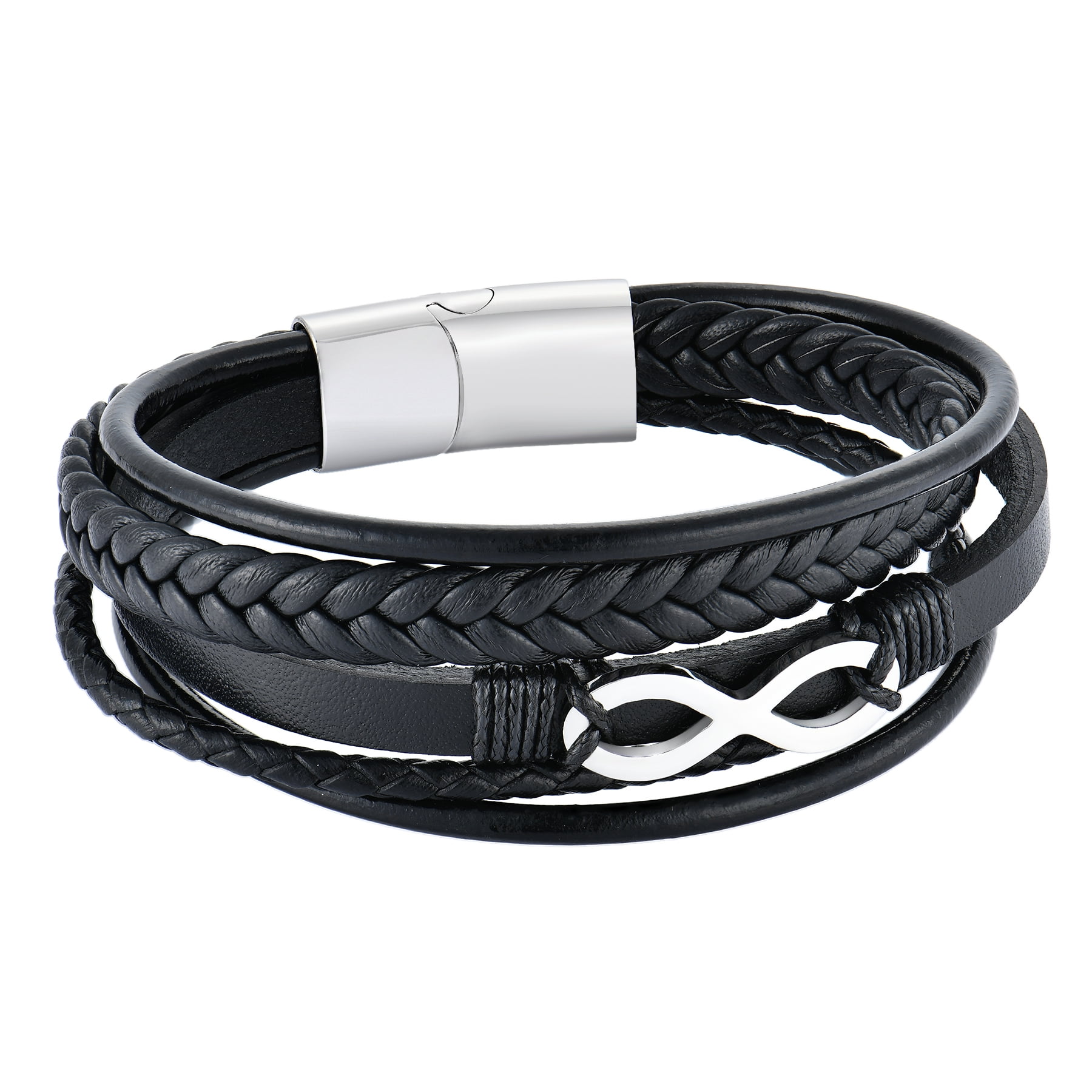 Raymard Mens Infinity 8 Multi-Layer Leather Bracelet,8.5" Black and White Bracelet for Men
