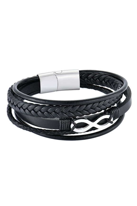Mens Infinity 8 Multi-Layer Leather Bracelet,8.5" Black and White Bracelet for Men