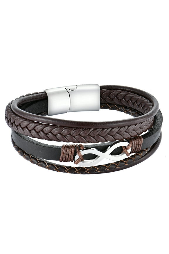 Mens Infinity 8 Multi-Layer Leather Bracelet,8.5" Brown Braided Bracelet for Men
