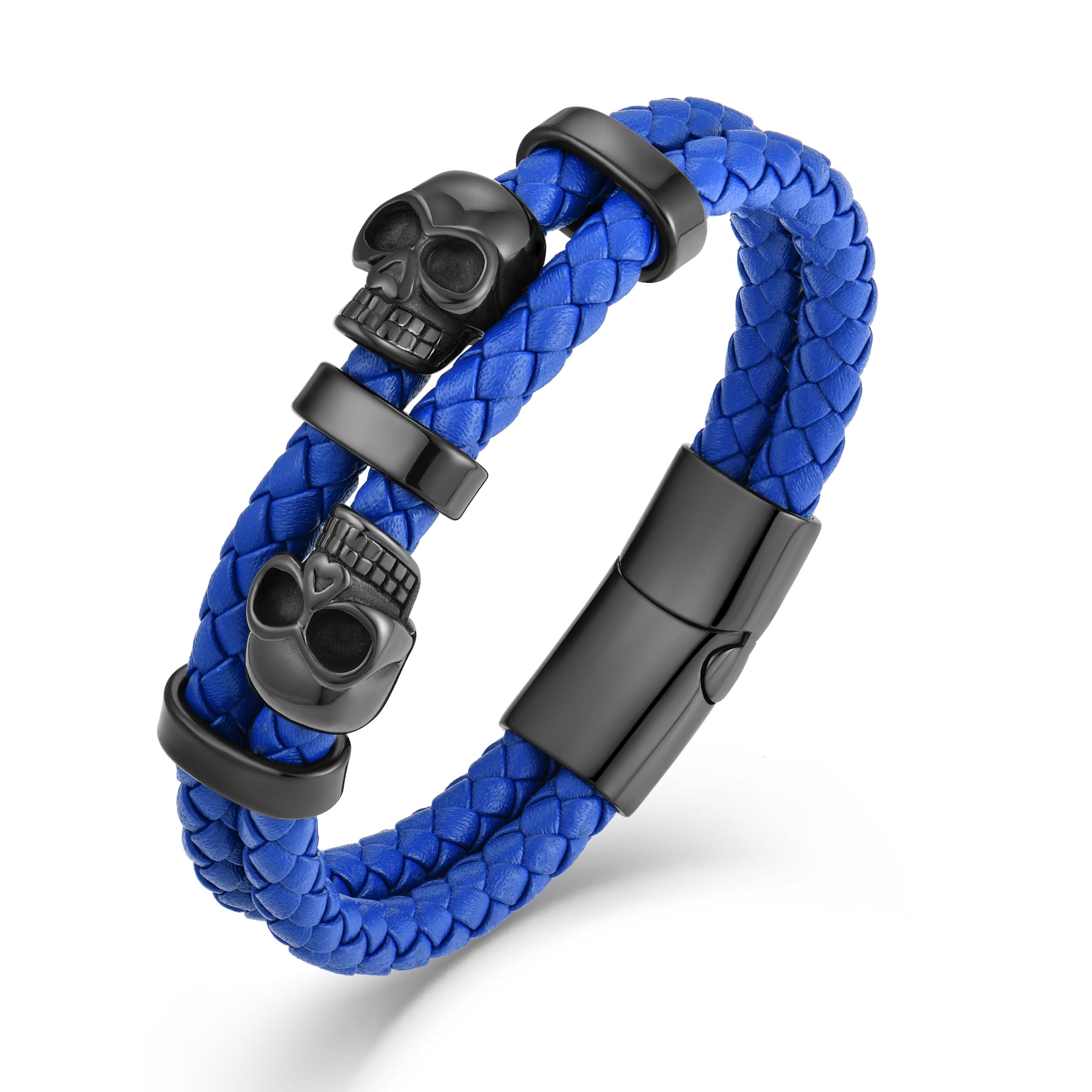 Raymard Mens Skull Double Row Leather Bracelet,Skull Blue Braided Bracelet for Men, Mens Punk Jewelry