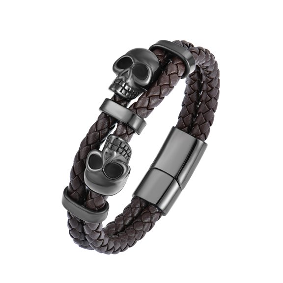 Raymard Mens Skull Double Row Leather Bracelet,Skull Brown Braided Bracelet for Men, Mens Punk Jewelry