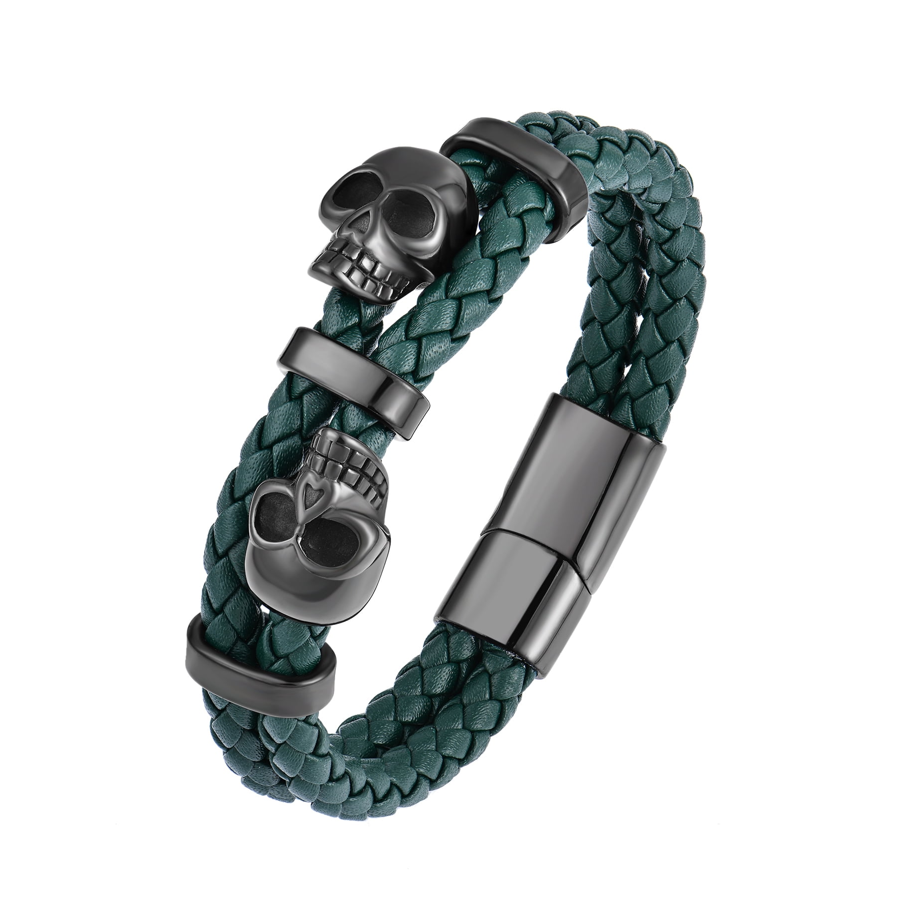 Raymard Mens Skull Double Row Leather Bracelet,Skull Green Braided Bracelet for Men, Mens Punk Jewelry