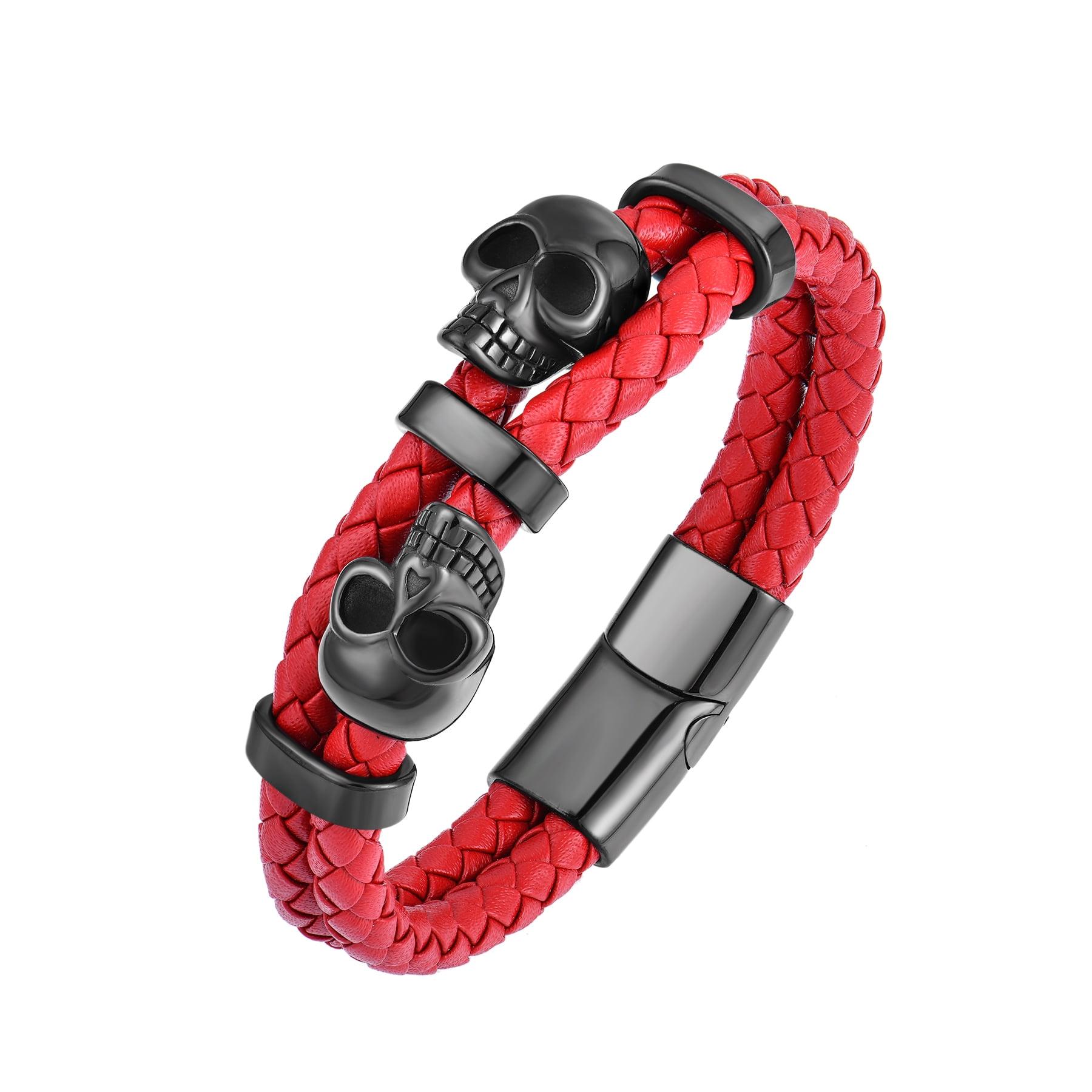 Raymard Mens Skull Double Row Leather Bracelet,Skull Red Braided Bracelet for Men, Mens Punk Jewelry