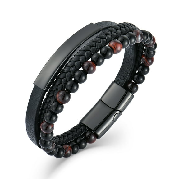 Raymard Mens Tiger Eye Matee Red Onyx Lava Rock Volcanic Stone Beaded Bracelet,Black Braided Leather Bracelet for Men