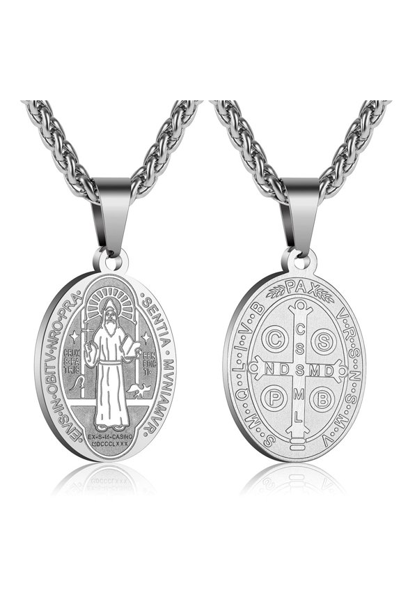 Oval Saint Benedict Medal Necklace for Men Titanium Steel Christian Sacramental Medal Ward Off Evil Protection Jewelry 24" Wheat Chain
