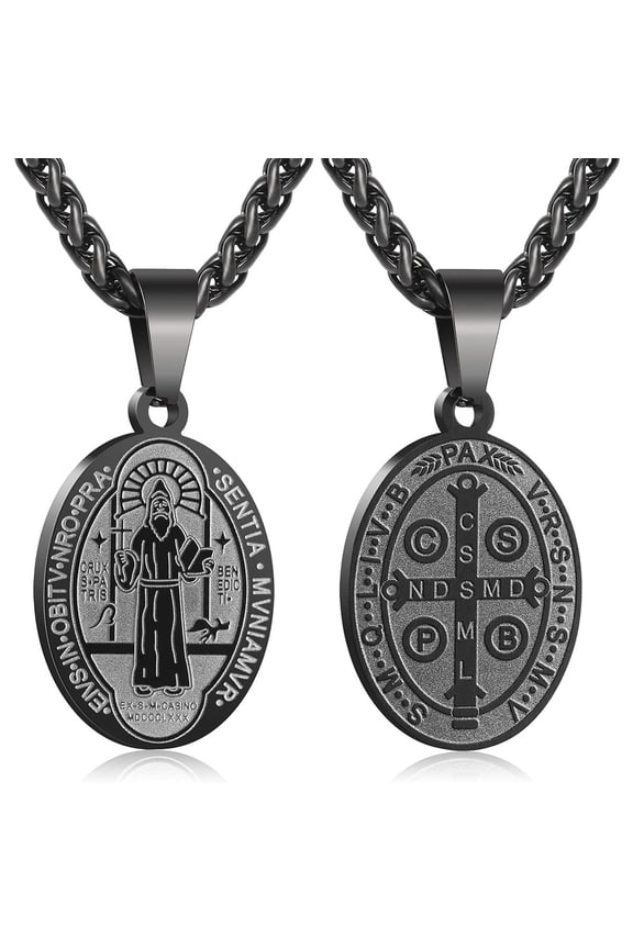 Oval Saint Benedict Medal Necklace for Men Titanium Steel Christian Sacramental Medal Ward Off Evil Protection Jewelry 24" Wheat Chain