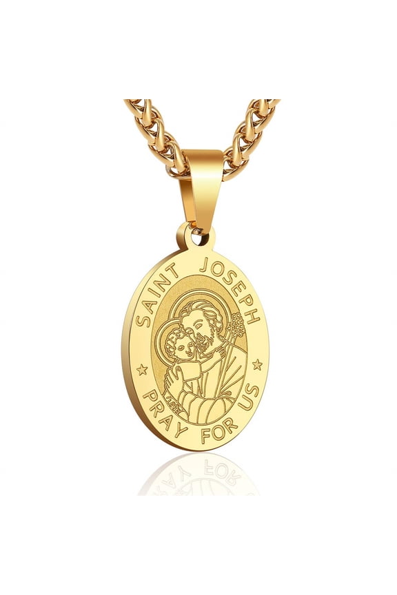 Oval Saint Joseph Necklace Titanium Steel Patron St.Joseph Pendant Amulet Necklace Protection Jewelry Religious Gift 24" Wheat Chain