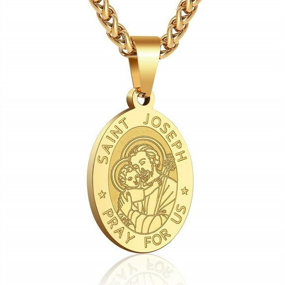 Raymard Oval Saint Joseph Necklace Titanium Steel Patron St.Joseph Pendant Amulet Necklace Protection Jewelry Religious Gift 24" Wheat Chain