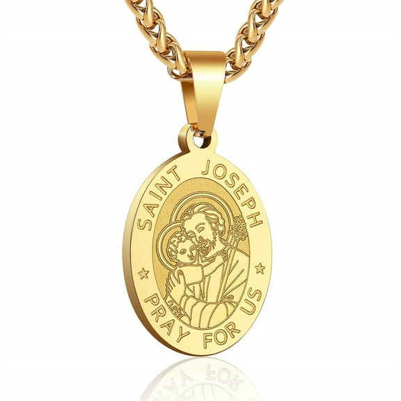 Raymard Oval Saint Joseph Necklace Titanium Steel Patron St.Joseph Pendant Amulet Necklace Protection Jewelry Religious Gift 24" Wheat Chain