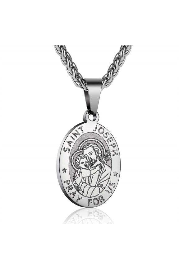 Oval Saint Joseph Necklace Titanium Steel Patron St.Joseph Pendant Amulet Necklace Protection Jewelry Religious Gift 24" Wheat Chain
