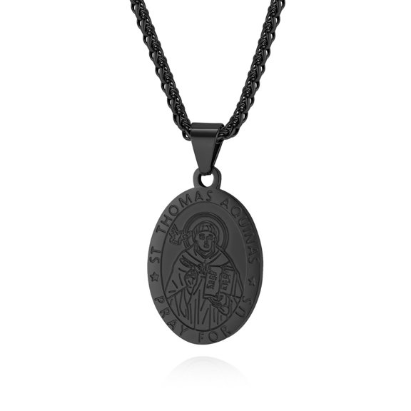 Raymard Oval Saint Thomas Aquinas Necklace Titanium Steel Patron St.Thomas Aquinas Pendant Amulet Necklace Protection Jewelry Religious Gift 24" Wheat Chain