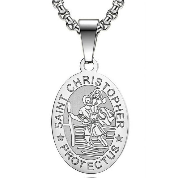 Raymard Saint St Christopher Pendant Necklace Titanium Steel Religious Christian Gift Archangel Amulet Exorcism Protection Oval Medal 24 Inch Rolo Chain