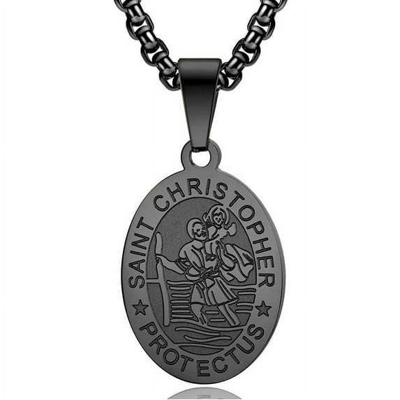 Raymard Saint St Christopher Pendant Necklace Titanium Steel Religious Christian Gift Archangel Amulet Exorcism Protection Oval Medal 24 Inch Rolo Chain