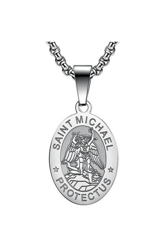 Saint St Michael Pendant Necklace Men Titanium Steel Religious Christian Gift Archangel Amulet Exorcism Protection 24 Inch Rolo Chain