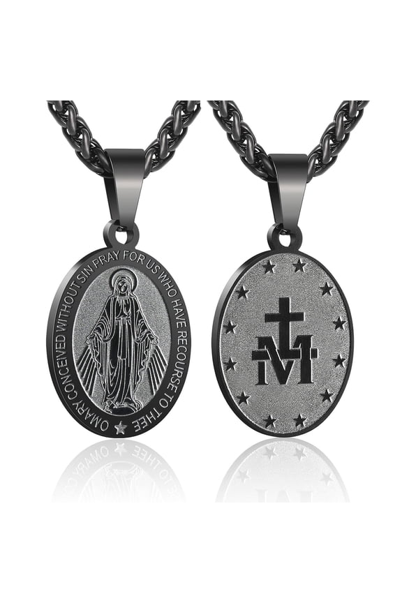 Virgin Mary Necklace for Men Titanium Steel Mary Mother of God Pendant De La Virgen Maria Medallion Holy Mary Charm 24" Solid Wheat Chain