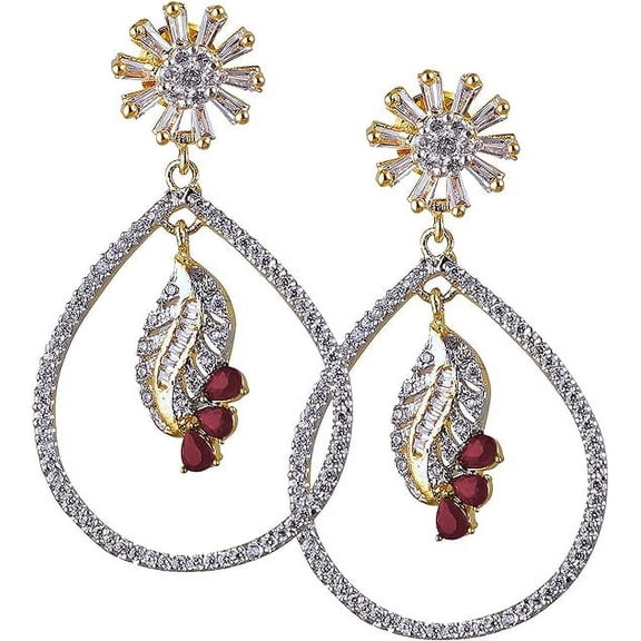 Rayna Jewelry Boutique Cubic Zirconia & Onyx Gemstone Teardrop Design Dangle Earrings 18kt Yellow Gold Plated