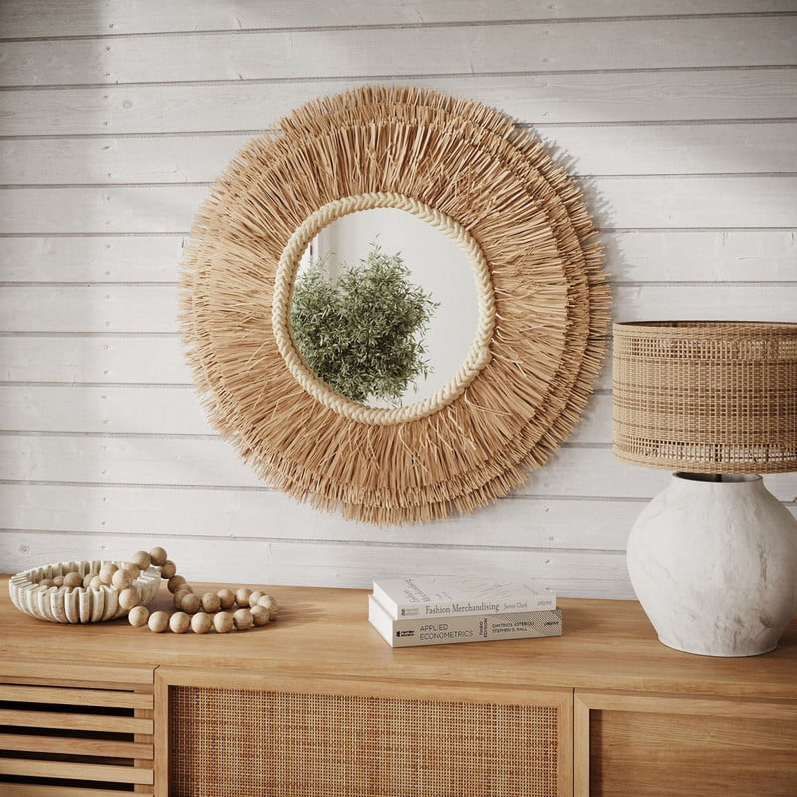 Rayna Tan Round Grass Wide Frame Boho Wall Mirror