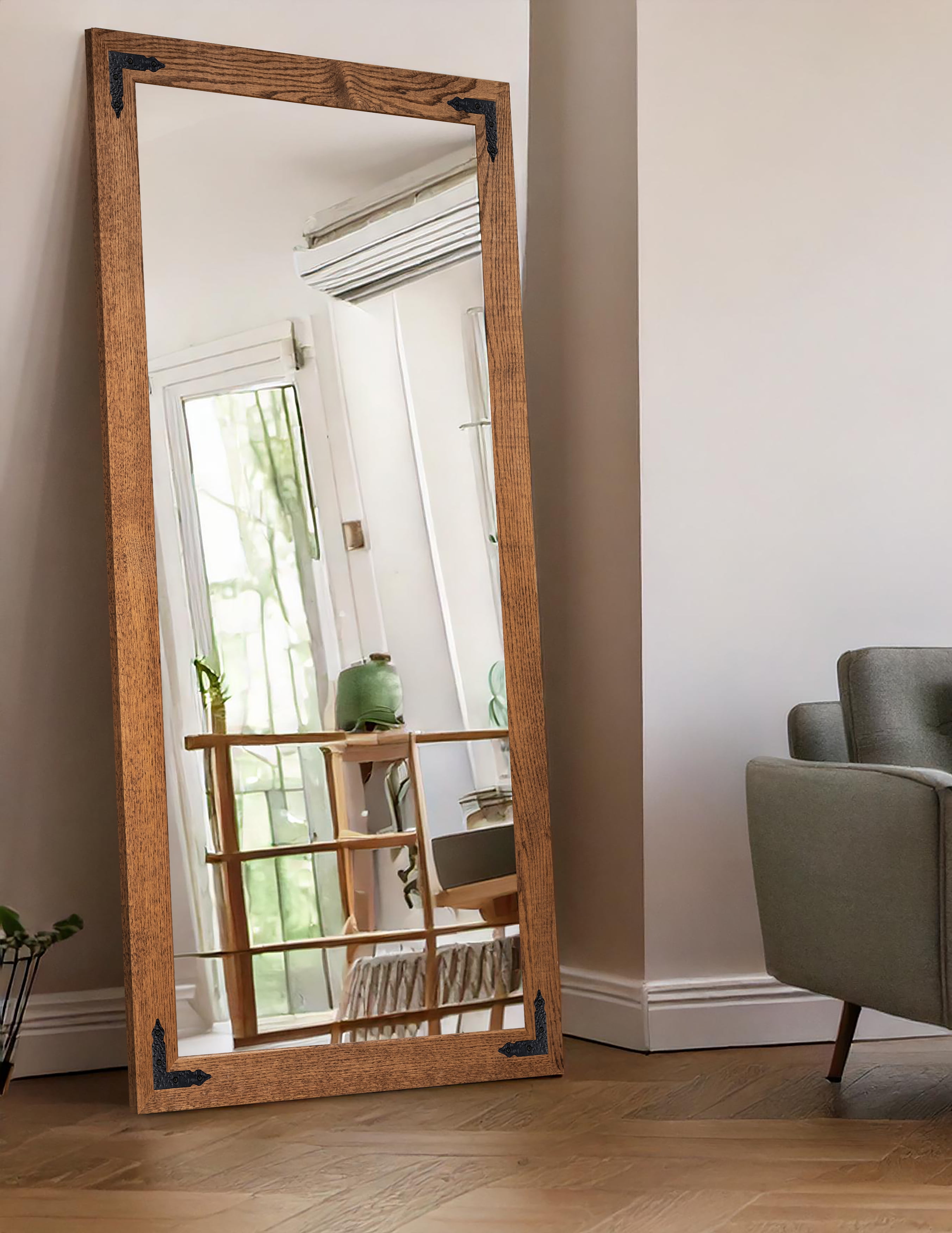 Rayne Ozark Hardwood Red Oak Mirror Wall Mirror 76"x33" Leaning Floor Mirror Honey With Decorative Corner Brackets