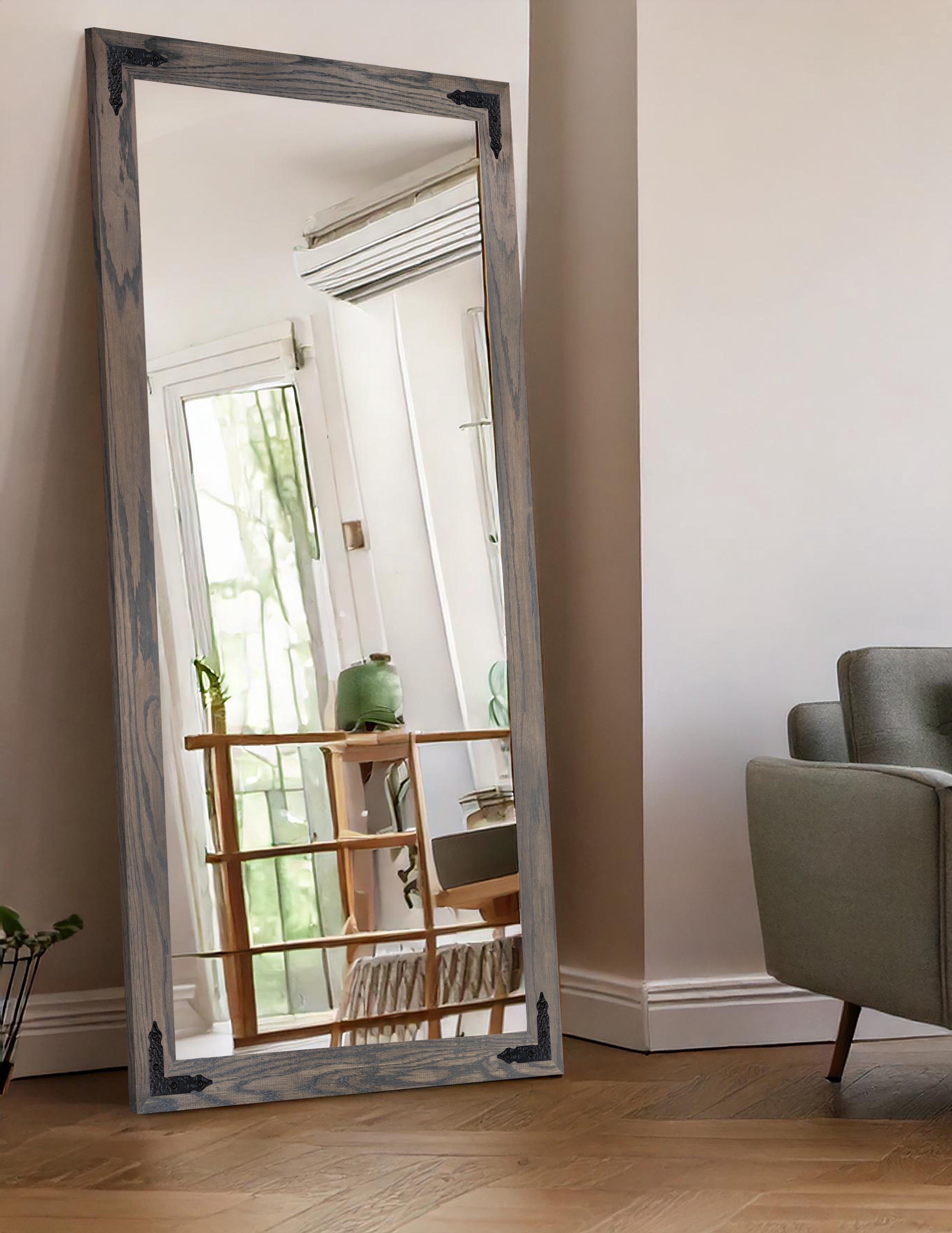 Rayne Ozark Hardwood Red Oak Mirror Wall Mirror 76"x33" Leaning Floor Mirror Carbon Gray With Decorative Corner Brackets