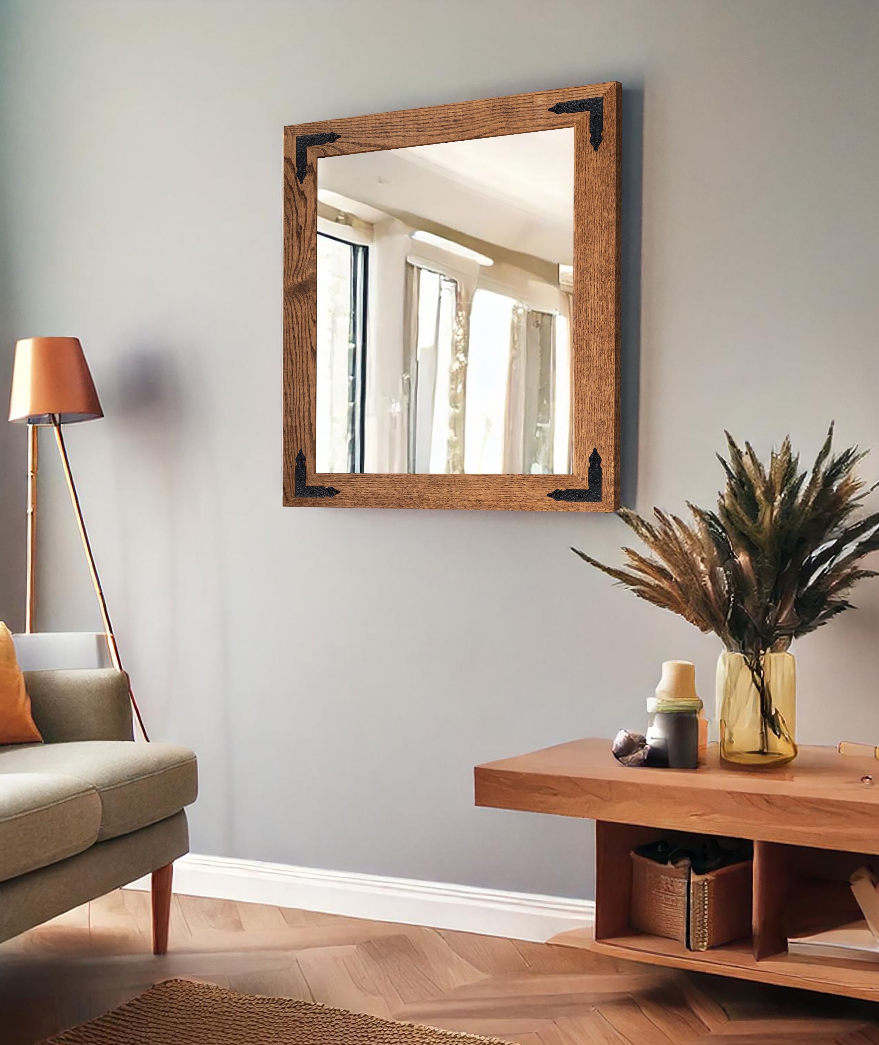 Rayne Ozark Hardwood Red Oak Mirror Wall Mirror 36"x33" Leaning Floor Mirror Honey With Decorative Corner Brackets