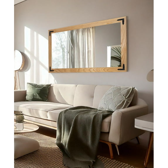 Rayne Ozark Hardwood Red Oak Mirror Wall Mirror 58"x33" Leaning Floor Mirror Natural With Decorative Corner Brackets